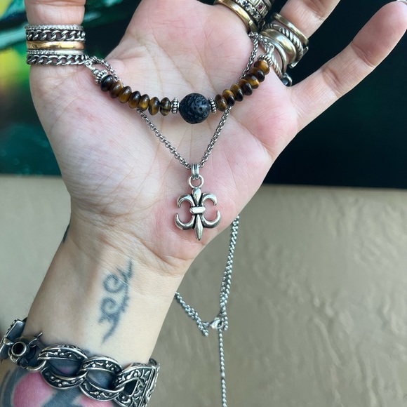 Set ! Fleur de lis / lys lily flower tiger eye necklace + earrings boho gems - Picture 9 of 16